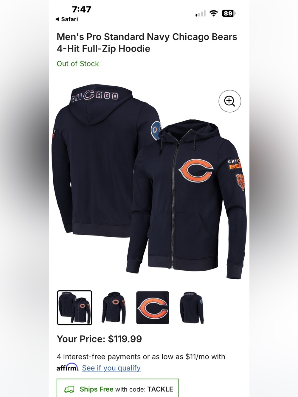 Chicago Bears Navy Full-Zip Hoodie with Team Logo
